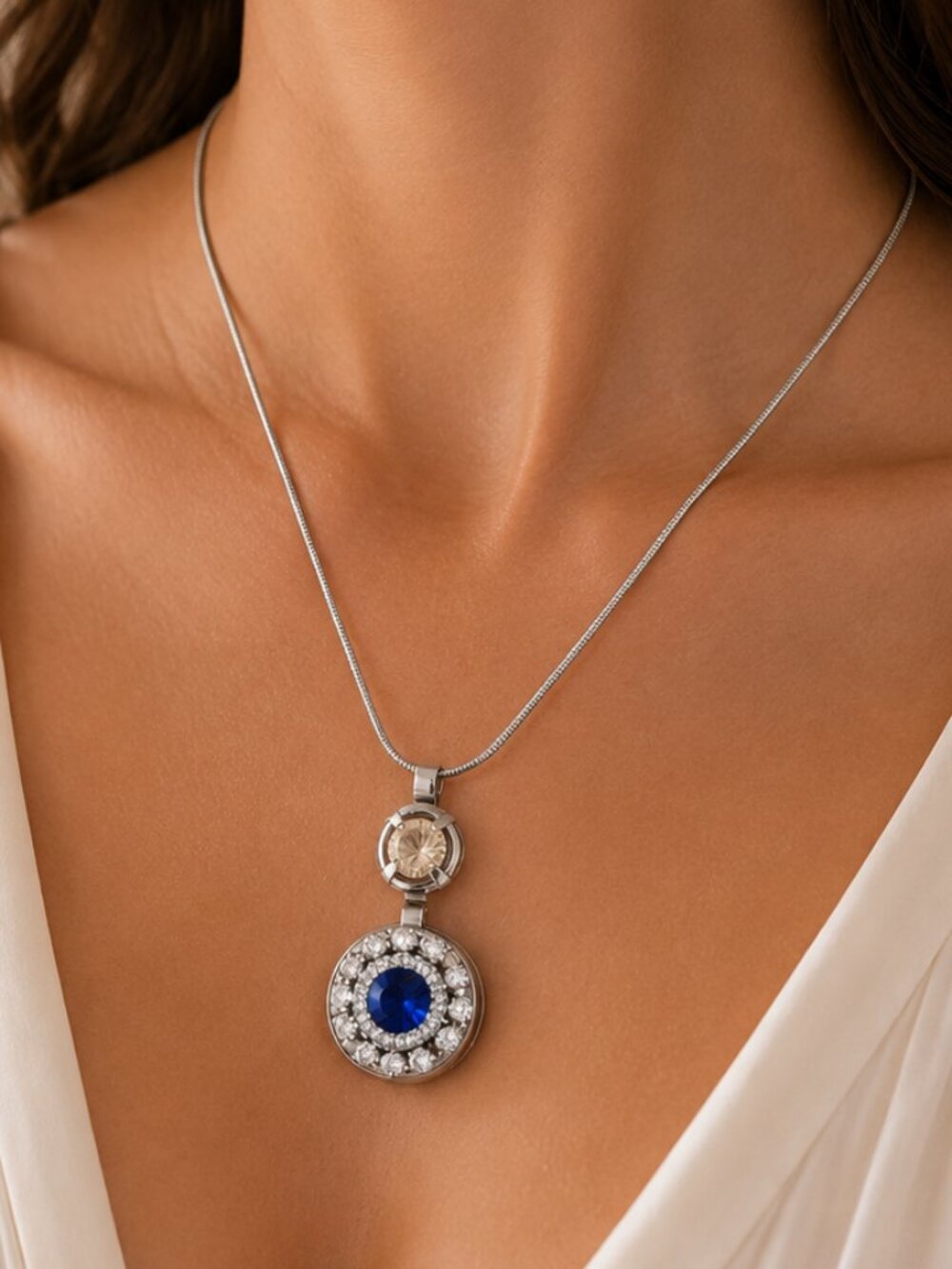 Crystal Rhinestone Snap Necklace Sapphire Blue Ruby Red 925 Silver